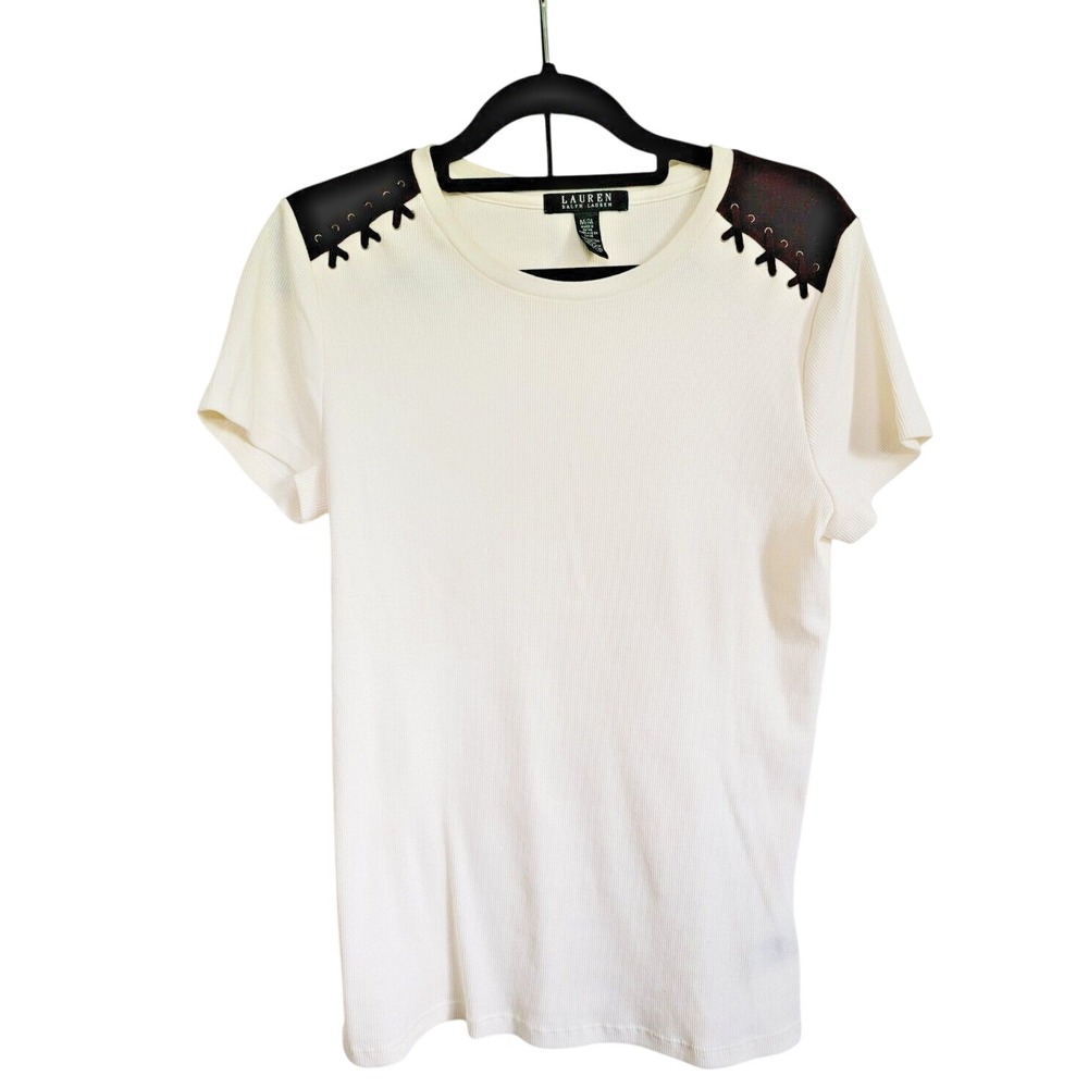 Lauren Ralph Lauren M Cream Ribbed Knit Suede Lace Up Shoulder Top Medium - Picture 3 of 9